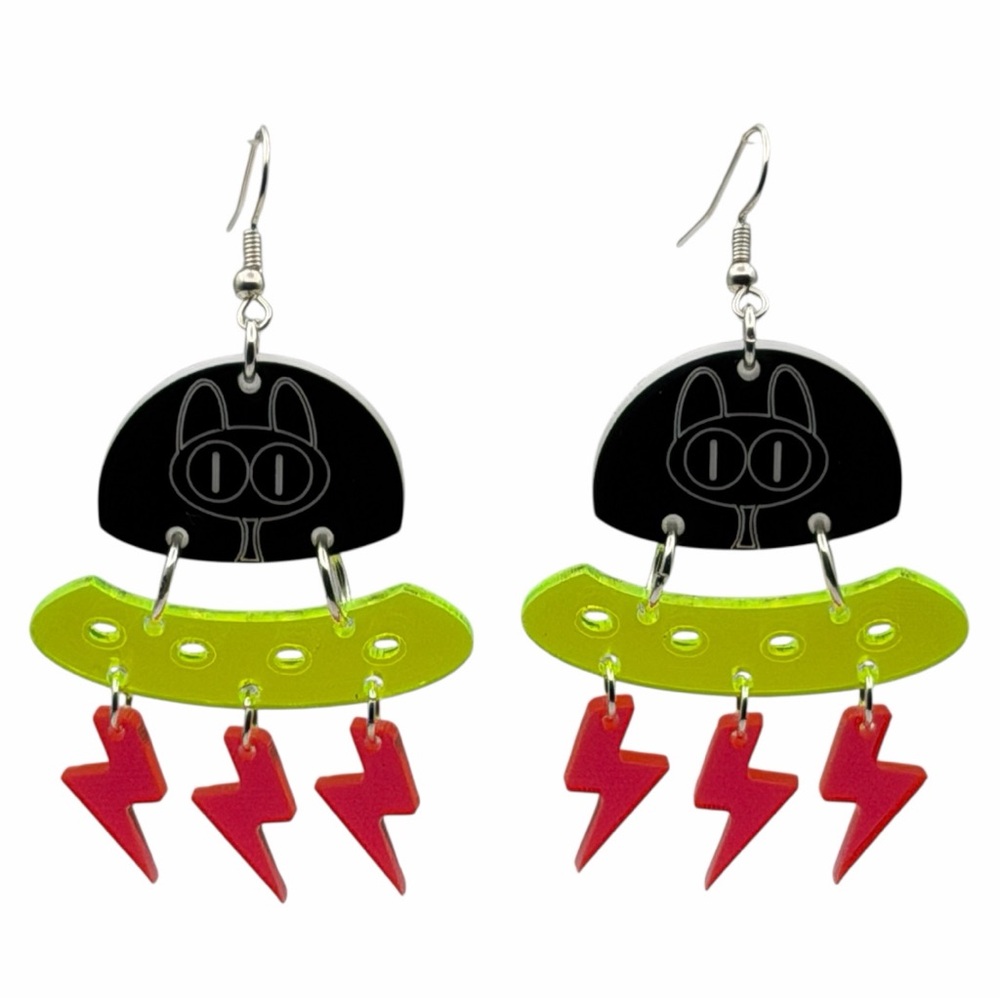 Alien Cat UFO Earrings, black, transparent yellow and hot pink